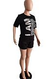 Black Euramerican Letter Printing Short Sleeve Round Neck T-Shirt Shorts Loose Solid Color Sports Sets TC062-3