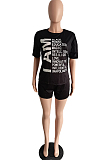 Black Euramerican Letter Printing Short Sleeve Round Neck T-Shirt Shorts Loose Solid Color Sports Sets TC062-3