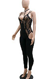 Blac High Waits No Waistband Tight Sexy Long Pants Condole Belt Backless Hollow Out Lace Bodycon Jumpsuits YF9237