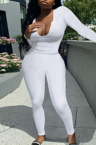 White Sexy Women Long Sleeve Low-Cut Bodycon Pants Solid Color Strach Two-Piece YYF8238-6
