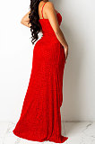 Red Trendy Euramerican Club Hot Drilling Sequins Mesh Spaghetti Condole Belt V Neck Split Long Dress XZ5263-2