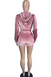 Rose Red Casual Korea Velvet Long Sleeve Hoodie Zipper Coat Shorts Sport Two-Piece TC092-1