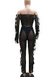 Black Euramerican Long Sleeve Off Shoulder Straplee Sexy Tight Pure Color Milk Silk Pants Sets YF9204-1