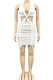 White Euramerican Solid Color Women Halter Neck Backless Drawsting Sexy Bandage Ruffle Mini Dress XZ5220-3