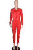 Red Women Pure Color Trendy Long Sleeve Pants Sets SMY8044