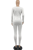 White Autumn And Winter Elastic Long Sleeve U Neck Top Bodycon Pants Solid Color Two-Piece YYF8240-3