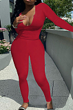 Rose Red Sexy Women Long Sleeve Low-Cut Bodycon Pants Solid Color Strach Two-Piece YYF8238-4