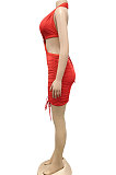 Red Euramerican Solid Color Women Halter Neck Backless Drawsting Sexy Bandage Ruffle Mini Dress XZ5220-2