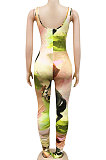 Red Women Digital Printing Sleeveless Sexy Condole Belt Bodycon Jumpsuits XZ5195-2