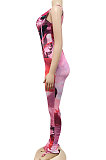 Rose Red Women Digital Printing Sleeveless Sexy Condole Belt Bodycon Jumpsuits XZ5195-4