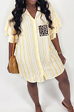 Yellow Positioning Leopard Printing Ruffle Sleeve Lapel Neck Single-Breasted Shirt Dress MLL114-2