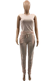 Khaki Casual Wholesal Sleeveless Round Neck Zip Back Drawsting Ruffle Pants Solid Color Two-Piece SZS8167-3