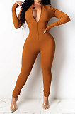 Light Purple Euramerican Solid Color Zipper Long Sleeve Sexy Tight Lady Bodycon Jumpsuits KZ2134-7