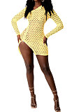 Orange Sexy Long Sleeve Zipper Hollow Out Pure Color Club Mini Dress FMM2069-2