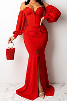 Red Pure Color Strapless Slim Fitting Sexy Split Long Dress KZ2131-1