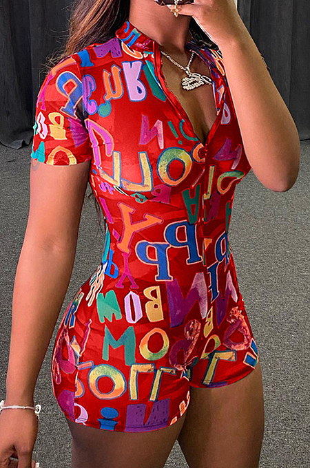 Red Fashion Letter Printing Short Sleeve Stand Collar Zippet Collcet Waist Romper Shorts LYY9258-2