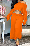 Black Women Solid Color Casual Loose Long Sleeve Dew Waist Wide-legged pants KKY80057-1
