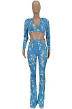 Blue Women Fashion Printing Dew Waist V Neck Bandage Sexy Pants Sets FFE174