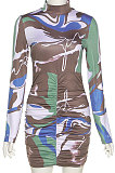 Brown Fashion Round Neck Women Bodycon Long Sleeve Hip Raising Ruffle Mini Dress QNFS04632-2