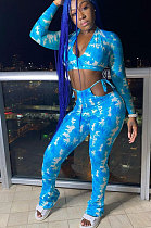 Blue Women Fashion Printing Dew Waist V Neck Bandage Sexy Pants Sets FFE174