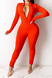 Red Euramerican Solid Color Zipper Long Sleeve Sexy Tight Lady Bodycon Jumpsuits KZ2134-4