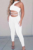 White Sexy Solid Color Round Neck Strapless Hollow Out Slim Fitting Bodycod Jumpsuits YNS1661-1