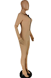 Skin Color Casual Long Sleeve Stand Neck Zipper Collcet Waist Solid Color Bodycon Jumpsuits E8548-2