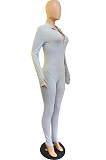 Gray Autumn And Winter Finger cove Long Sleeve Stand Neck Zippet Collect Waist Solid Color Bodycon Jumpsuits E8612-2