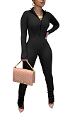 Wine Red Casual Long Sleeve Stand Neck Zipper Collcet Waist Solid Color Bodycon Jumpsuits E8548-3