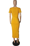Orange Summer Sholesal Short Sleeve Round Neck Hollow Out Cross Bandage Solid Color Bodycon Long Dress SNM8237-2