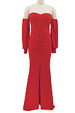 Red Pure Color Strapless Slim Fitting Sexy Split Long Dress KZ2131-1