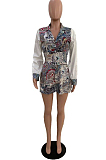 White Sexy Printing Spliced Long Sleeve Lapel Neck Back Hollow Out Bandage Romper Shorts SXS6068