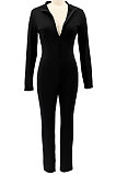 SUPER WHOLESALE|Black Euramerican Solid Color Zipper Long Sleeve Sexy Tight Lady Bodycon Jumpsuits KZ2134-1