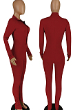 Black Casual Long Sleeve Stand Neck Zipper Collcet Waist Solid Color Bodycon Jumpsuits E8548-1