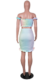 Rainbow Sexy Women Digital Printing A Word Shouldet Strapless High Waist Mid Skirts Ruffle Two-Piece SZS8125