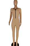 Black Casual Long Sleeve Stand Neck Zipper Collcet Waist Solid Color Bodycon Jumpsuits E8548-1