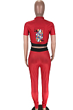 Red Wholesal Women Pattern Digital Printing Short Sleeve Round Neck Crop Top Bodycon Pants Casual Sets LYY9260-3