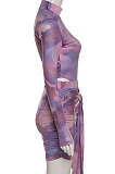 Purple Women Trendy Round Neck Long Sleeve Jumpsuits Hip Skirts Sets QNFS04515-2