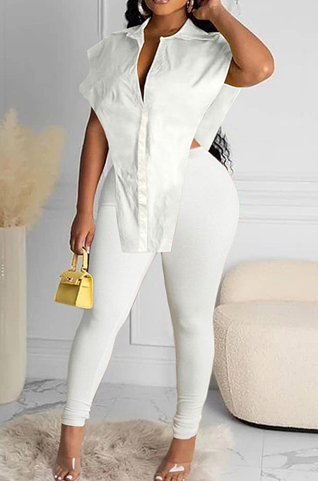 White New Fashion Pure Color Lapel Neck Single-Breasted From Shoulder Shirts Bodycon Pants Two-Piece LYY9314-1