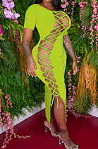 Green Summer Sholesal Short Sleeve Round Neck Hollow Out Cross Bandage Solid Color Bodycon Long Dress SNM8237-3