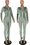 Green Autumn And Winter Korea Velvet  Long Sleeve Stand Neck Zipper Slim Fitting Sport Jumpsuits HY5239-2