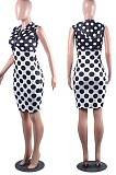 Black White Spliced Wave Point Printing Sleeveless Zipper Hoodie Collcet Waist Hip Dress MLL107-1