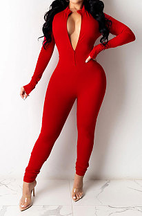 Red Euramerican Solid Color Zipper Long Sleeve Sexy Tight Lady Bodycon Jumpsuits KZ2134-4