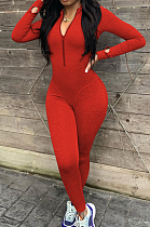 Red Autumn And Winter Finger cove Long Sleeve Stand Neck Zippet Collect Waist Solid Color Bodycon Jumpsuits E8612-3
