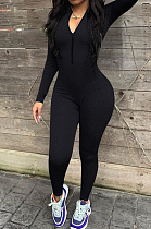 Black Autumn And Winter Finger cove Long Sleeve Stand Neck Zippet Collect Waist Solid Color Bodycon Jumpsuits E8612-1