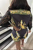 Black Sexy Autumn Printing Lace Spliced Long Sleeve Lapel Collar Single-Breasted Shirts Shorts Two-Piece L0360-1
