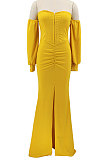 Yellow Pure Color Strapless Slim Fitting Sexy Split Long Dress KZ2131-2