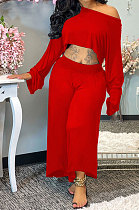 Red Women Solid Color Casual Loose Long Sleeve Dew Waist Wide-legged pants KKY80057-4