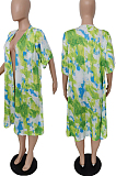 Blue Euramerican Women Tid Dye Printing Short Sleeve Dust Coat MLL115-3