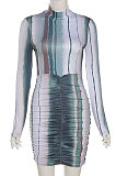 Brown Fashion Round Neck Women Bodycon Long Sleeve Hip Raising Ruffle Mini Dress QNFS04632-2